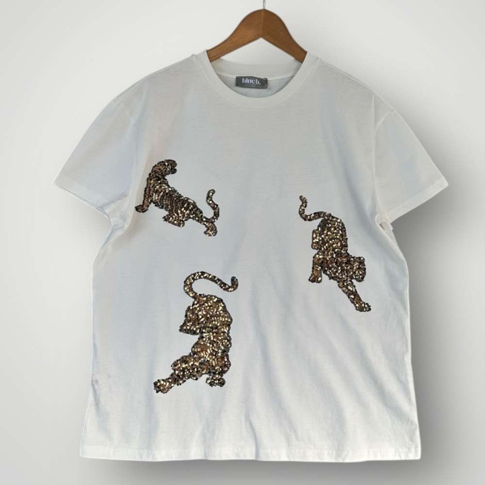 White Sequin Tiger Motif Tee